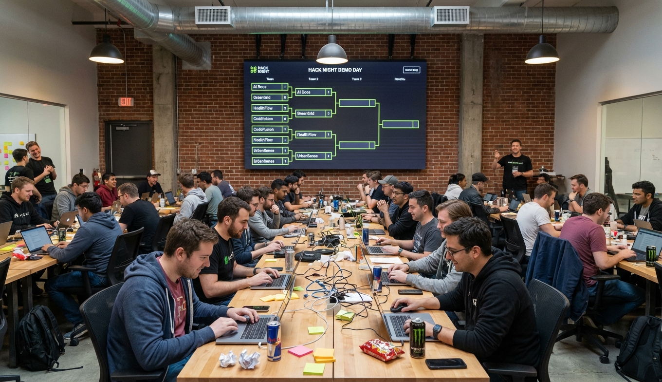 Feature screenshot: Hackathon demo day bracket displayed on screen while teams code