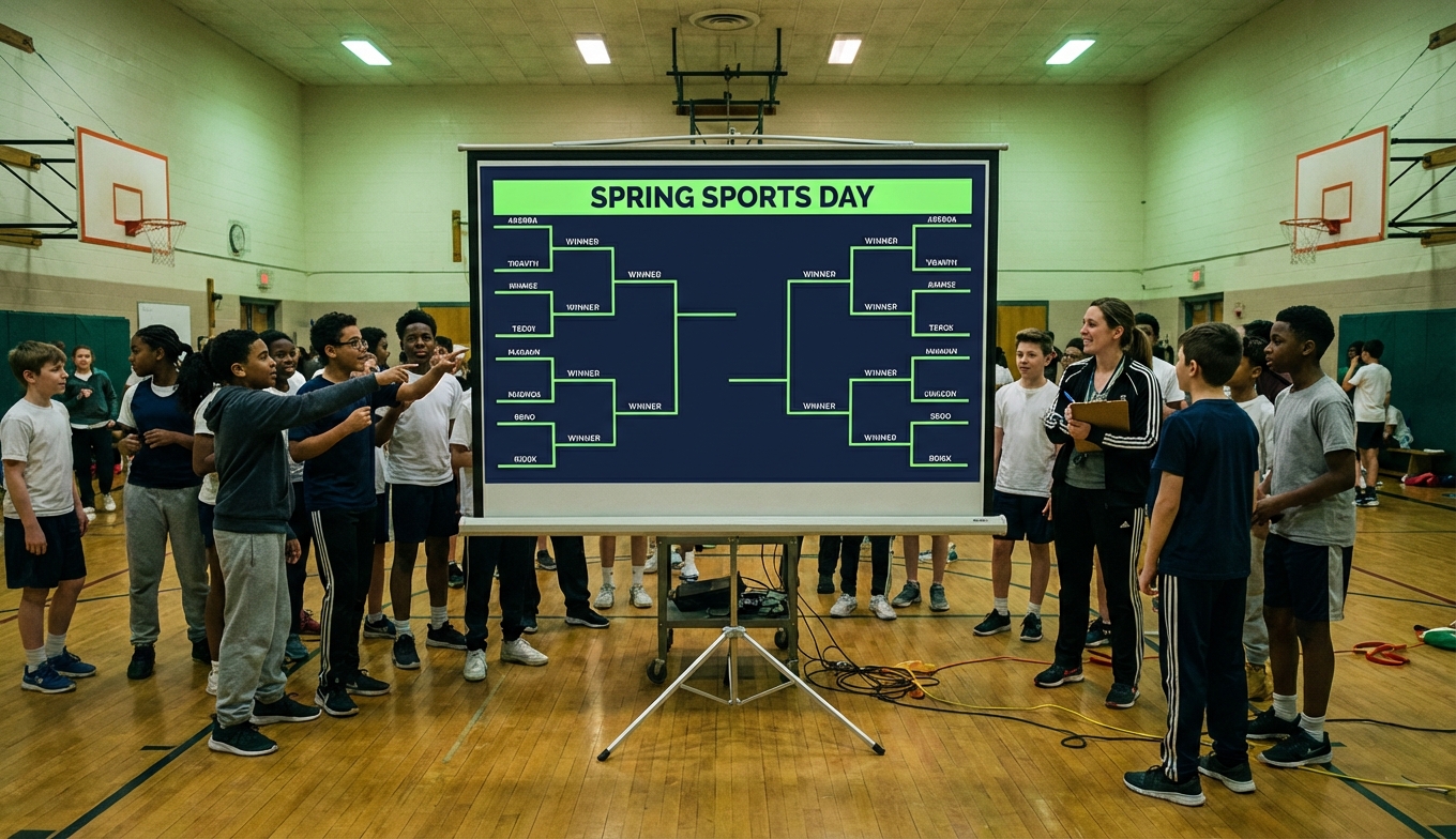 Feature screenshot: School gym sports day bracket on projector screen
