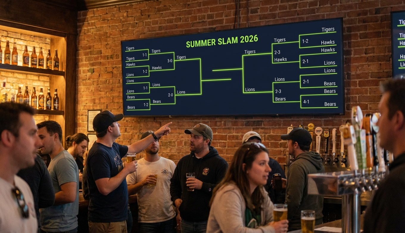 Feature screenshot: Tournament bracket displayed on a bar TV during trivia night