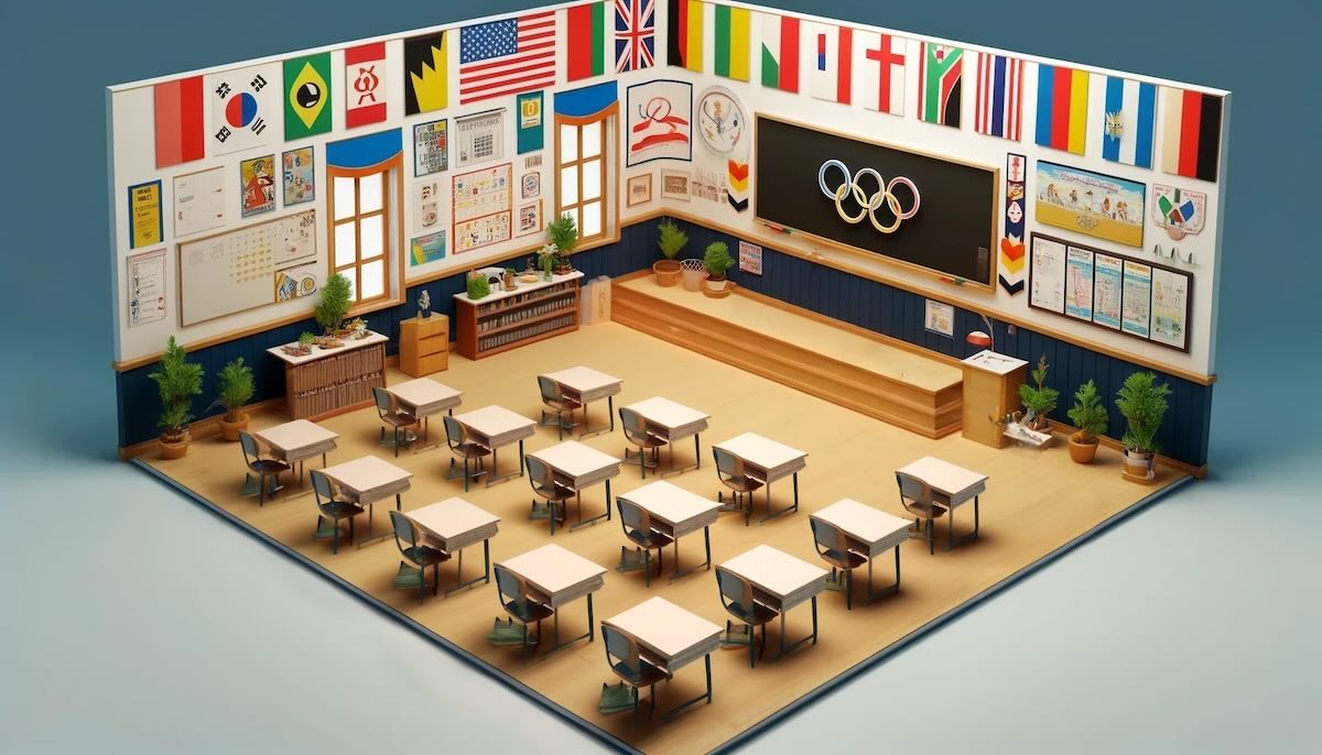 Feature screenshot: Classroom Olympics leaderboard showing teams competing in multiple events