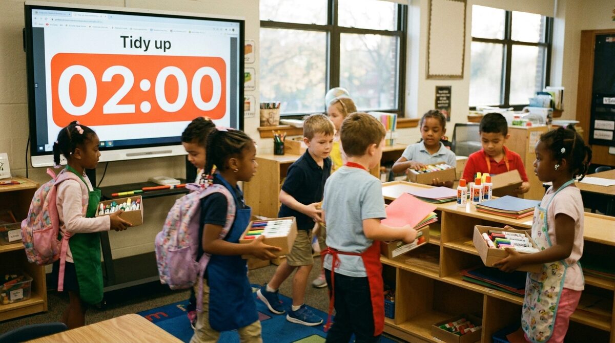 Feature screenshot: Two-minute tidy-up countdown on a classroom whiteboard during a transition