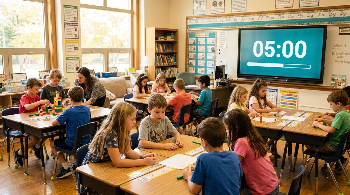 Feature screenshot: Group-work rotation timer counting down on a classroom display during station activities