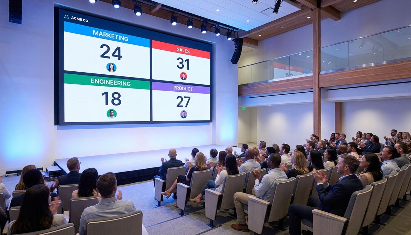 Feature screenshot: Branded multi-team scoreboard on a corporate offsite LED wall