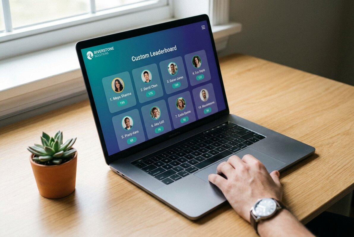 Feature screenshot: Custom leaderboard with brand colors and company logo on a laptop