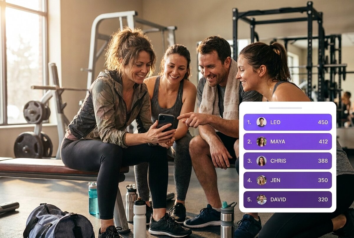 Feature screenshot: Fitness coach reviewing group challenge standings with clients after a workout