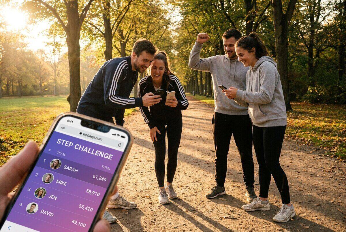 Feature screenshot: Friends comparing step counts on their phones during a group step challenge