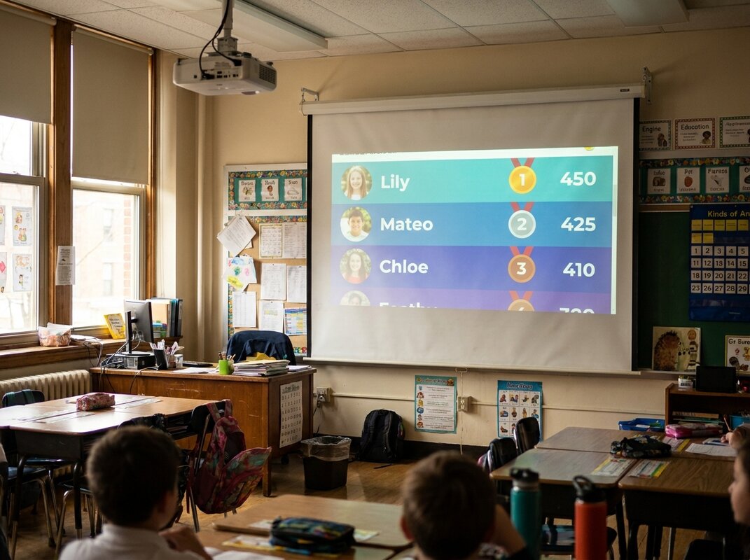 Feature screenshot: Classroom leaderboard projected on screen showing student points