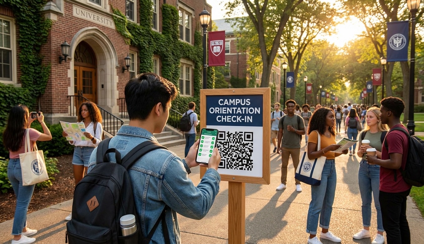 Feature screenshot: University student scanning a QR code at a campus orientation checkpoint
