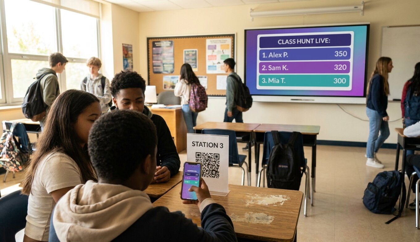 Feature screenshot: Students scanning a QR code at a classroom station during a scavenger hunt with a live leaderboard