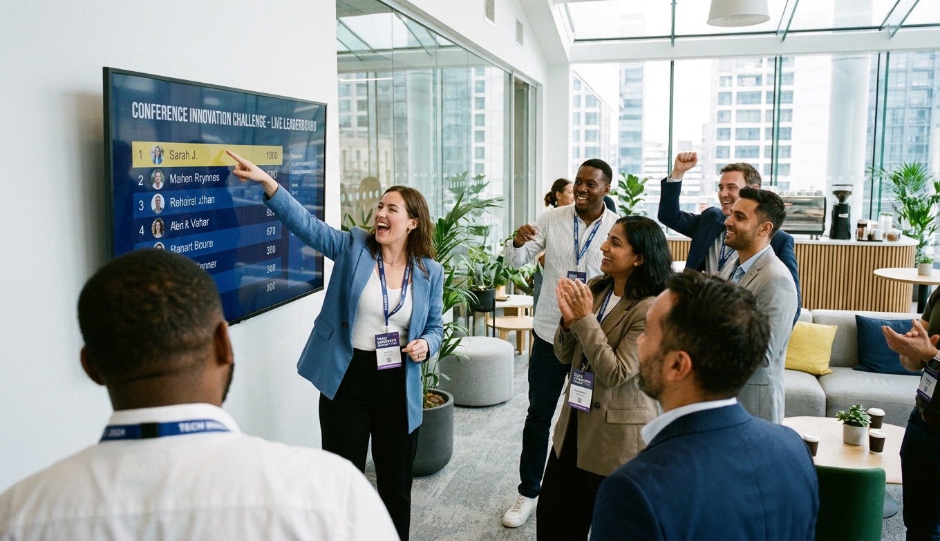 Feature screenshot: Conference attendees celebrating around a live leaderboard showing checkpoint scores