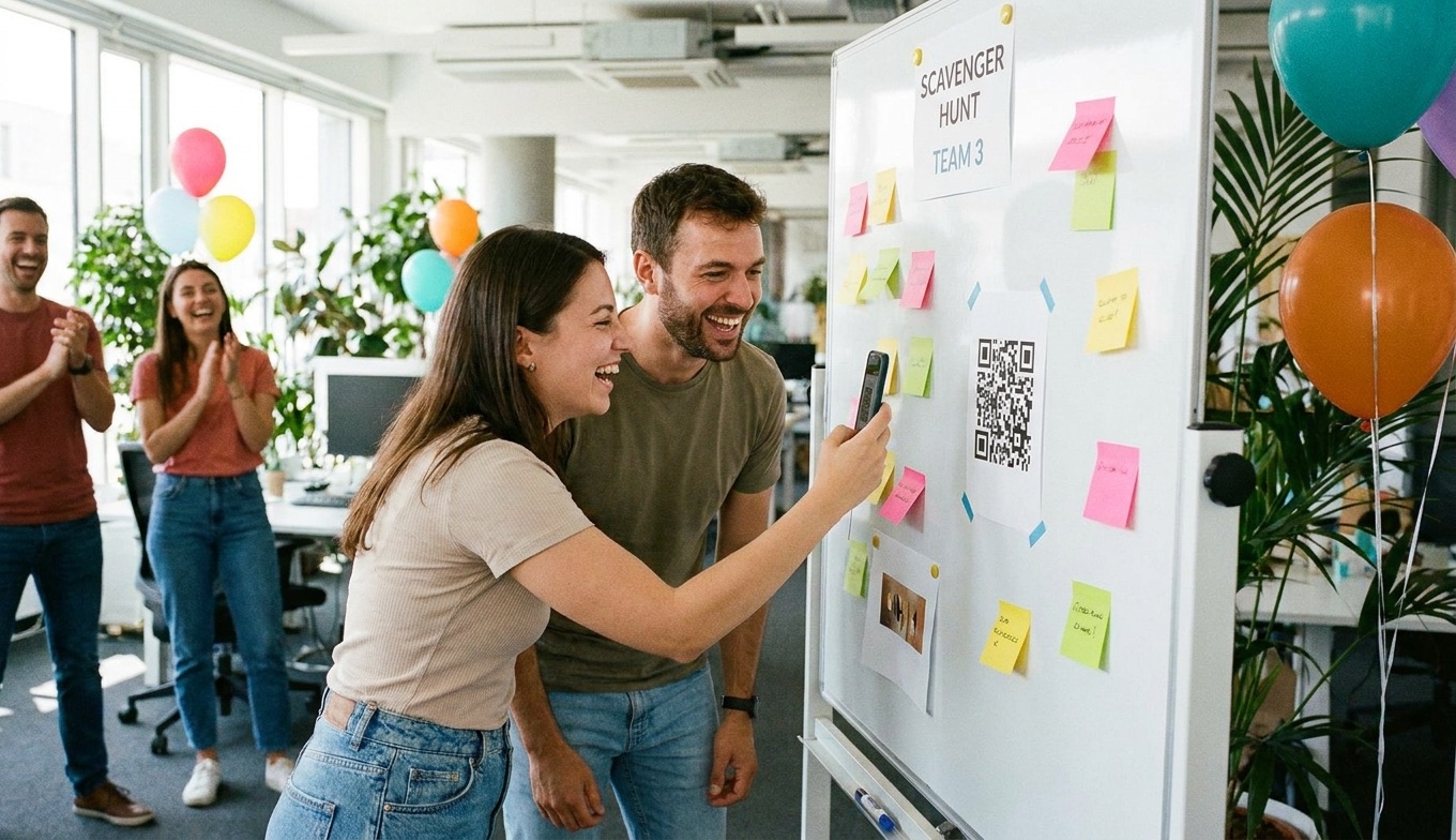 Feature screenshot: Coworkers scanning a QR code on a whiteboard during an office scavenger hunt