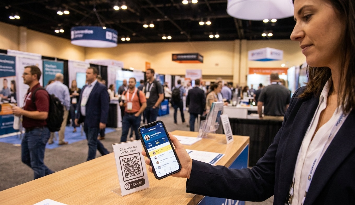 Feature screenshot: Trade show attendee scanning a QR code at an exhibitor booth with leaderboard on phone
