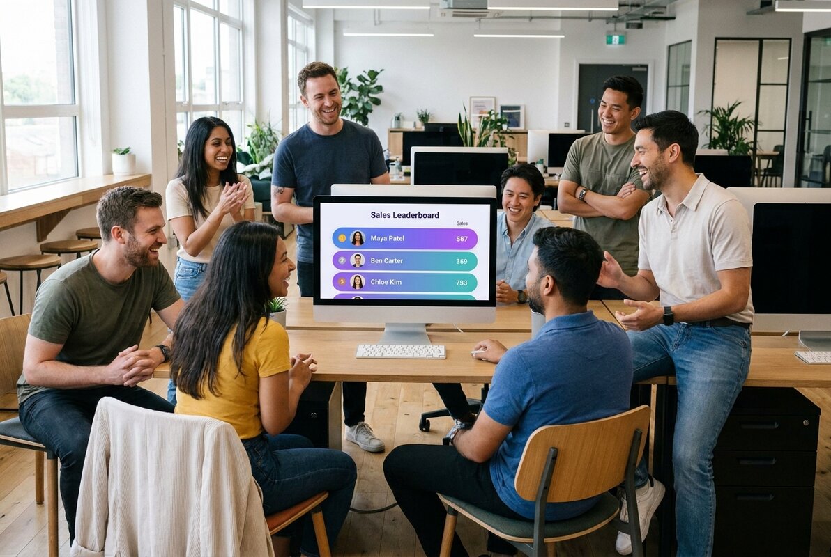 Feature screenshot: Sales team gathered around a leaderboard showing rankings and competition scores
