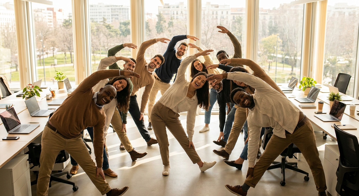 Feature screenshot: Office workers doing a group stretch during a wellness break