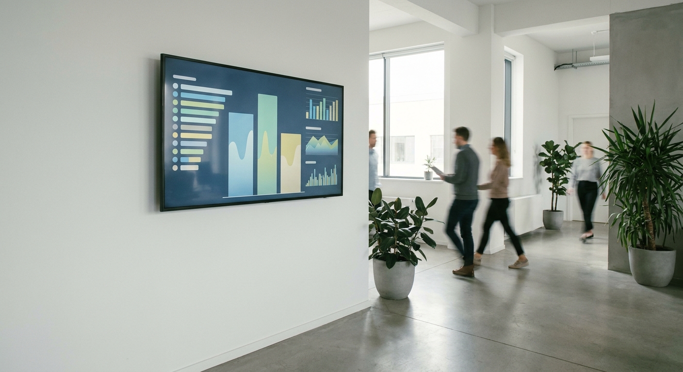 Feature screenshot: Office TV displaying a workplace wellness leaderboard with team rankings