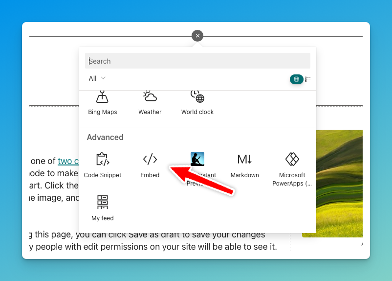 Selecting the Embed web part