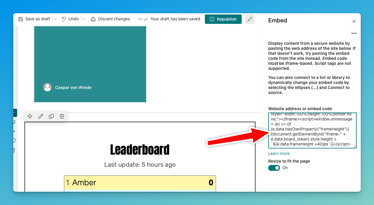 Pasting the embed code